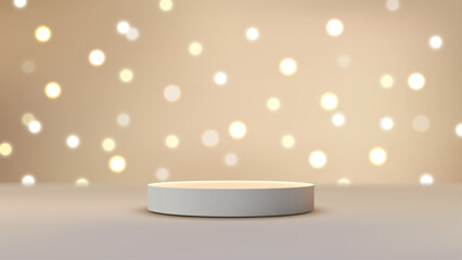 luxury gold background with white pedestal and bokeh lights for elegant product display mockup or showcase