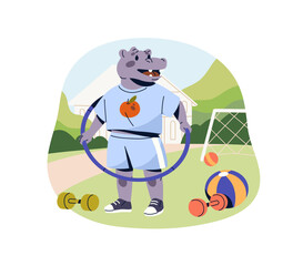 Strong hippo athlete does physical exercises outdoors. Anthropomorphic animal is training with sports equipment. Sportsman does workout on playground. Flat isolated vector illustration on white