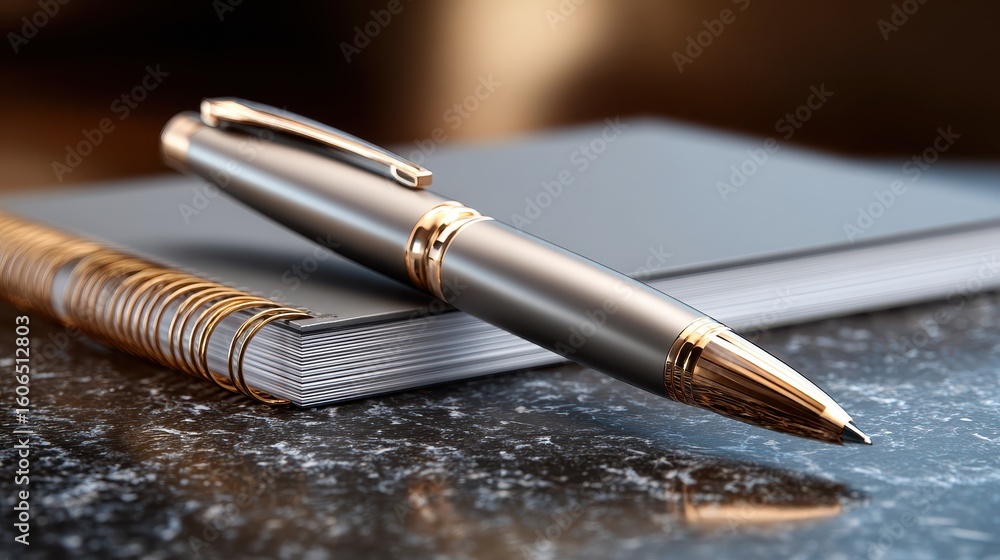 Poster luxurious pen rests on a sleek notebook, showcasing elegance and sophistication in a modern workspac