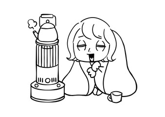 石油ストーブで暖をとる女性 / ベクター