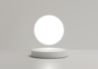 white podium mockup for product display with glowing circle on minimal gray background, 3d cylinder stage template for modern showcase and presentation