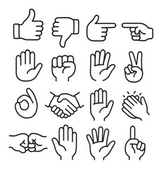Black hand gesture icons on gray background: thumbs up, peace, clapping