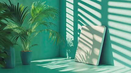 Fototapeta premium A teal room corner features a potted palm plant and a blank canvas leaning against the wall, bathed in sunlight streaming through blinds, casting striped shadows
