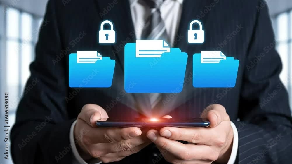 Poster businessman holding a smartphone with digital folders and documents floating above representing clou