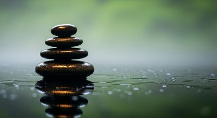 Obraz premium Tranquil Stacked Stones on Water Surface with Soft Green Background