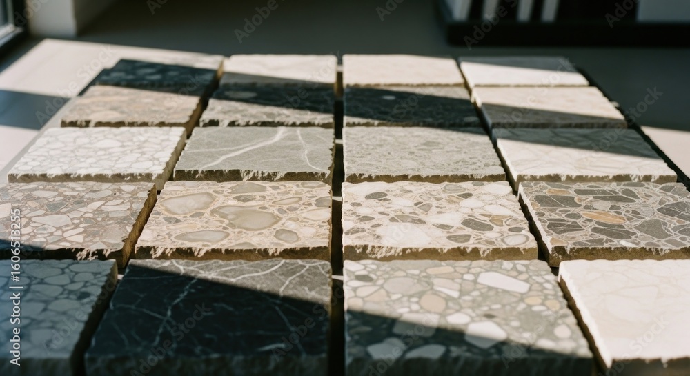 Poster display of various stone tiles, showcasing different patterns and colors. sunlight casts shadows acr