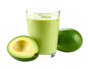 A fresh green avocado smoothie with avocado slices, isolated on a white background, promoting...