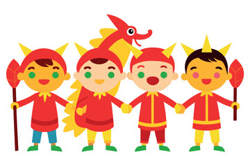 Children perform a dragon dance for chinese new year celebration