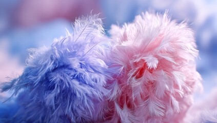 Close-up view of clustered feathers in shades of pink and blue.