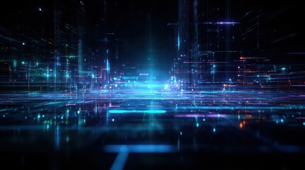 Abstract digital landscape with bright blue and purple lights and glowing lines in dark background