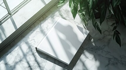 A blank, white hardcover book rests on a marble surface near a window, dappled sunlight casting shadows on the book and floor. Lush green foliage is partially visible in the upper right corner