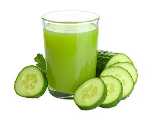 A glass of fresh cucumber juice with a vibrant green hue, isolated on a clean white background.