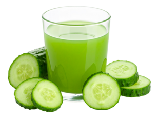 A glass of fresh cucumber juice with a vibrant green hue, isolated on a clean white background.
