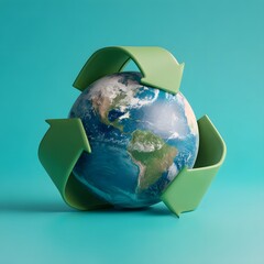 Earth day recycling concept green arrows around globe save the planet
