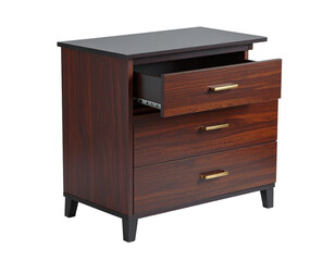 A classic brown wooden drawer chest, isolated on a white background, for furniture and interior design.