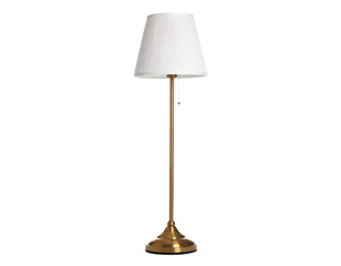 A modern black floor lamp with a white shade, isolated on a white background, for home lighting and...
