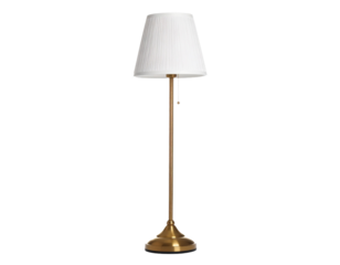 A modern black floor lamp with a white shade, isolated on a white background, for home lighting and decor.