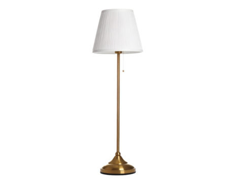 A modern black floor lamp with a white shade, isolated on a white background, for home lighting and decor.