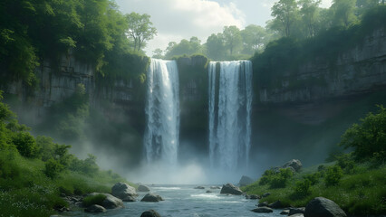 Fototapeta premium Misty waterfall cascading down a cliff. Lush green landscape and stunning views. Nature's beauty captured in ultra-realistic detail. Explore breathtaking waterfalls in nature.