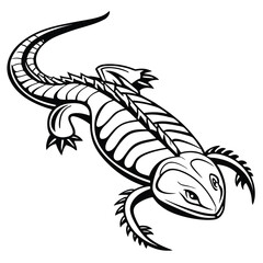 Monochrome Tattoo Style Illustration of a Bearded Dragon Lizard with Spikes and a Curled Tail Design