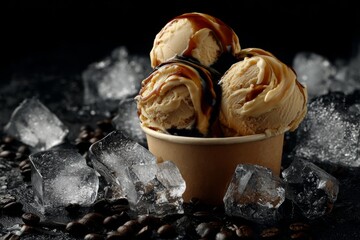 Coffee and vanilla ice cream in paper cup with dramatic lighting