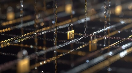 A network of metal chains with golden padlocks hanging from them in a dark abstract space