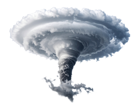 A formidable tornado, illustrating severe weather conditions, isolated on a white background.
