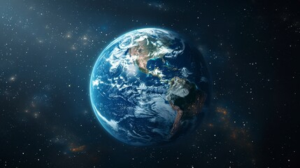 Obraz premium Earth view from space, showcasing continents, oceans, & swirling clouds against starry galaxy background