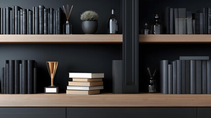 shelf with business books and awards, luxury office vibe
