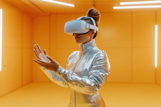Scientist wearing virtual reality headset exploring metaverse in orange lab
