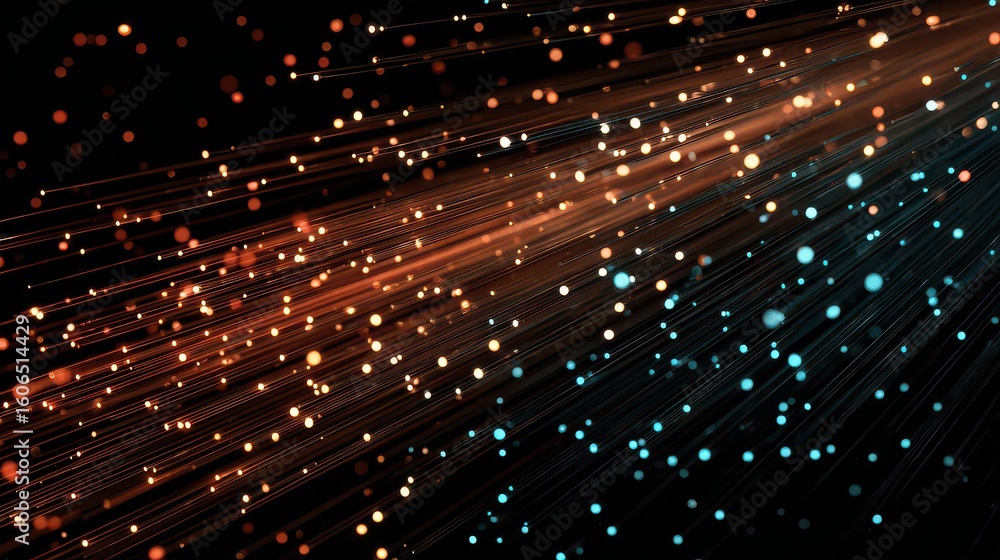 Poster abstract background showing glowing lines and dots in orange and blue on a dark backdrop