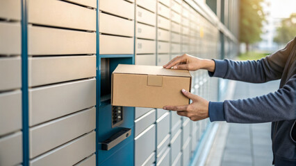 Delivery courier logistics ecommerce shipping. Person holding cardboard box automated locker, delivery service, shipping, logistics, ecommerce
