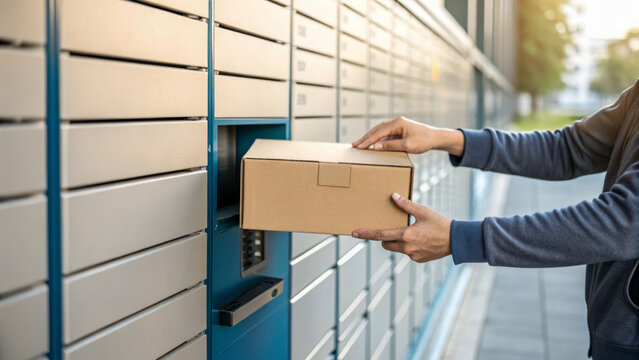 Delivery courier logistics ecommerce shipping. Person holding cardboard box automated locker, delivery service, shipping, logistics, ecommerce