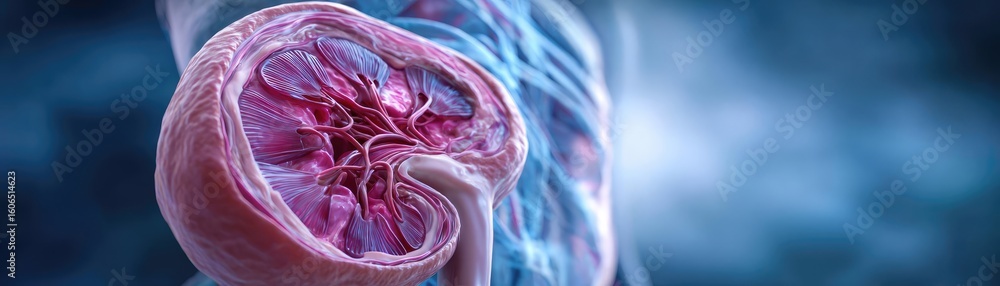 Poster bladder condition and urinary flow concept. detailed 3d rendering of a human kidney with vibrant col