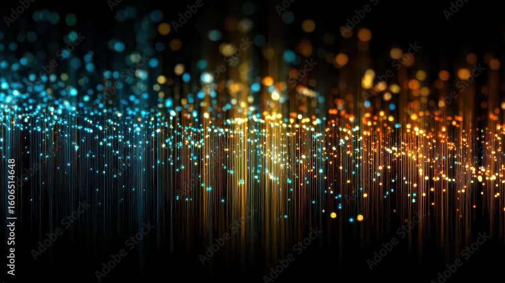 Poster abstract background with glowing lines and bokeh effect in blue and orange colors on a dark backdrop