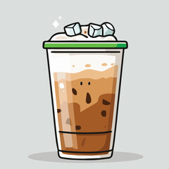 Vector illustration of ice coffee with ice in clear plastic cup