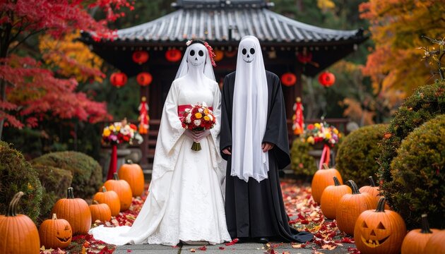 Spooky Halloween Wedding: Ghostly Couple in Japanese Garden with Pumpkins.