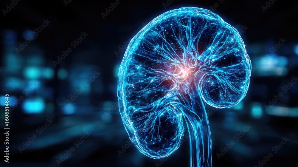 Aufkleber bladder condition and urinary flow concept. illustration of a glowing brain with neural connections.