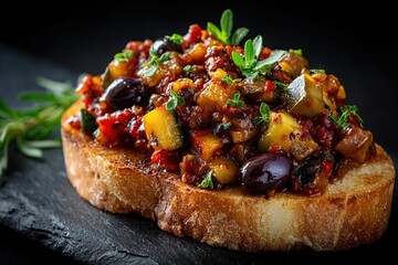Close-up of toasted bread topped with a vibrant medley of roasted vegetables and olives, garnished with fresh herbs
