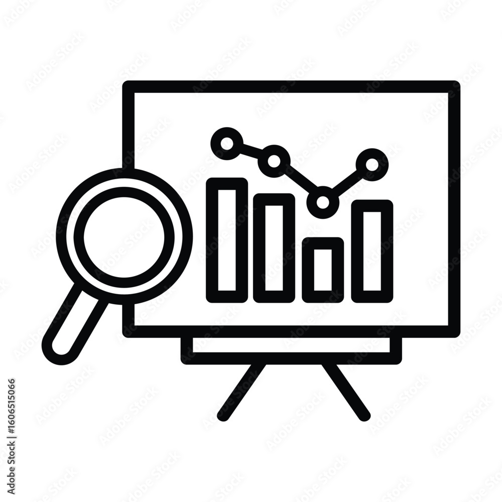 Poster a chart analysis is depicted with a magnifying glass for review on a presentation stand