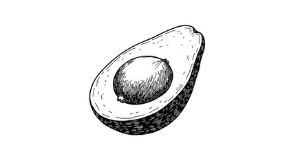 Black and white sketch of an avocado half with seed visible  