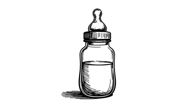 Baby bottle sketch in black and white outline style  