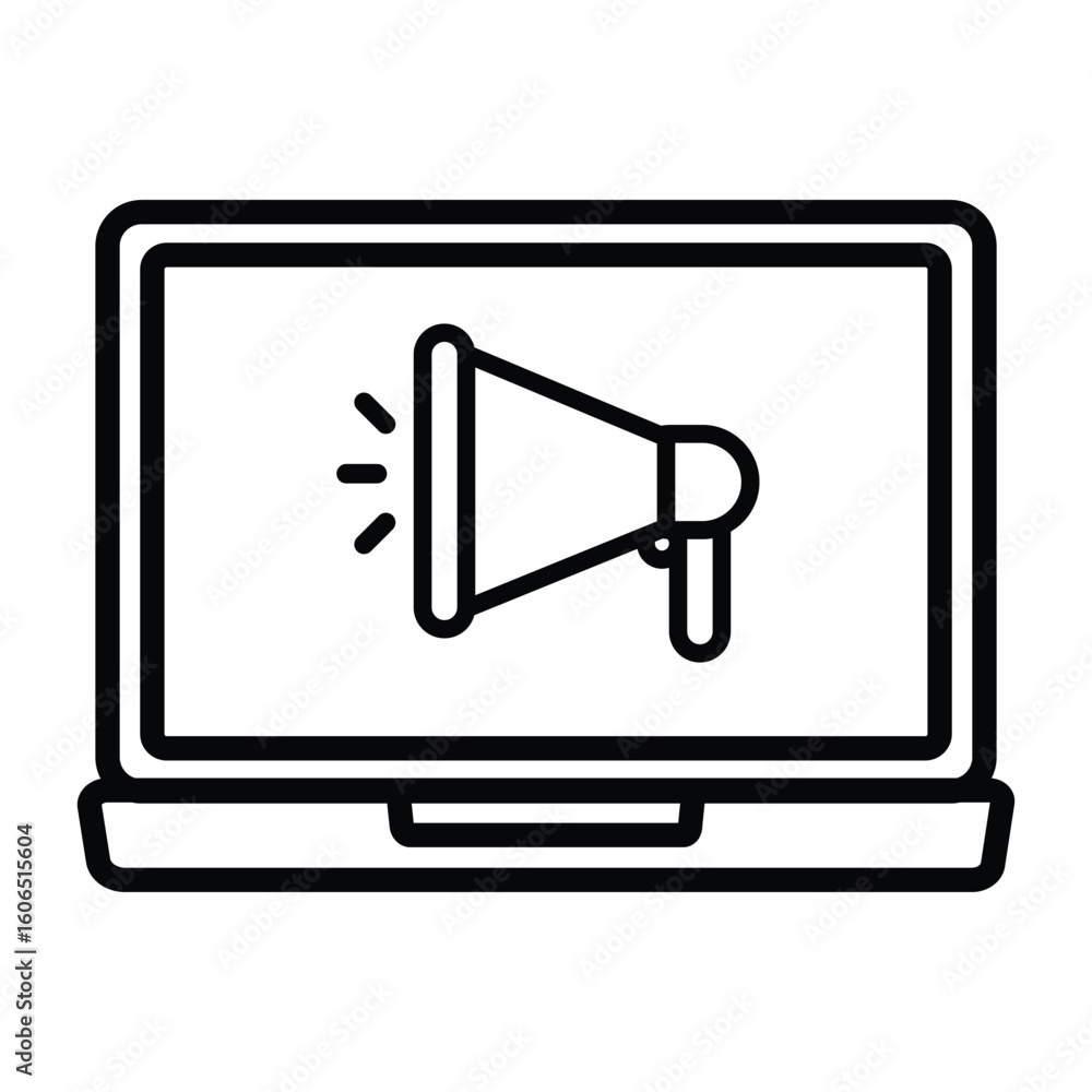 Poster laptop display showing a stylized megaphone icon with sound wave symbols emanating from its flared e