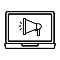 Fototapeta premium Laptop display showing a stylized megaphone icon with sound wave symbols emanating from its flared end