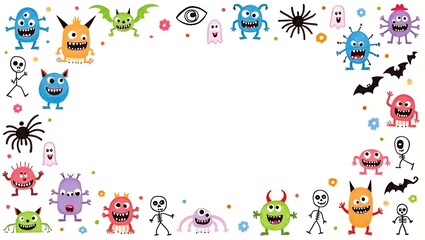 Colorful Hand-Drawn Crayon Doodle of Cute and Spooky Monsters for Kids
