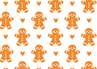 Seamless gingerbread man pattern with hearts – cozy holiday design in warm brown tones with friendly cookie silhouettes, perfect for Christmas wrapping, baking, and festive decor.