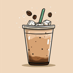 Vector illustration of ice coffee with ice in clear plastic cup