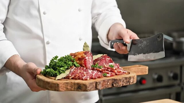 Chef in white uniform presenting a rustic wooden board filled with thinly sliced cured meats fresh parsley and bay leaves holding a cleaver