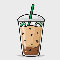 Vector illustration of ice coffee with ice in clear plastic cup