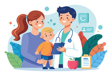 Mother and child engaging with healthcare professional in a brightly colored family medical setting focused on children's health and wellness